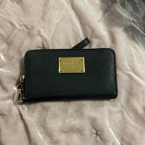 Michael Kors black leather wallet wristlet clutch with gold hardware
